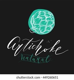 Graphic artichoke with calligraphy pen on a black background and