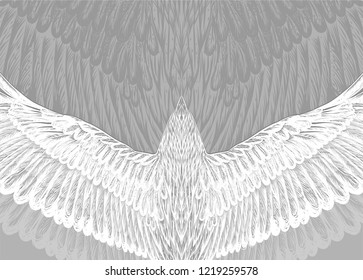 Graphic arts. Hand drawn back of flying bird. Chinese style. Nature background.