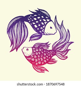 Graphic arts. Two fishes. Hand drawn illustration