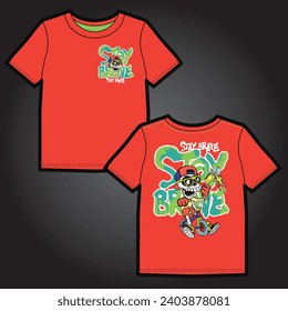 Graphic artwork for children's t-shirt. Cartoon character skull riding a bike with graffiti writings on the back. It was worked as a vector drawing.