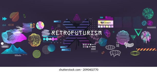 Graphic artwork elements, generative geometric shapes. Trendy holographic collection. Vaporwave and retrofuturistic style. Geometric 3D shapes, elements with Neon and glitch effects. Vector set