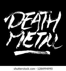 Graphic artwork featuring bold white typography spelling 'Death Metal' against a black background, styled with grunge brushstroke textures, ideal for music-themed design projects, posters, and artisti