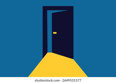Arte gráfica com uma porta aberta com luz amarela vibrante contrastando com um fundo azul profundo, simbolizando possibilidades e oportunidades.