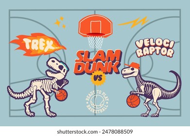 "Activo gráfico con dinosaurios fosilizados T-Rex y raptor jugando baloncesto, compitiendo entre sí en una arena".