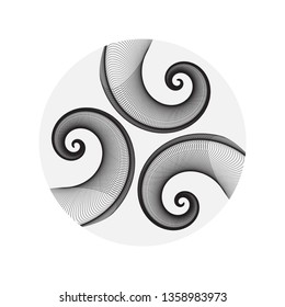 graphic astral symbol with three spirals in silver black shades