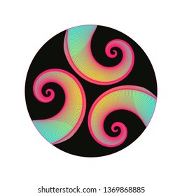 graphic astral symbol with three spirals in pink blue black shades