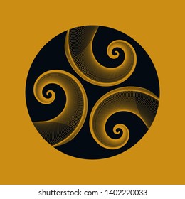 graphic astral symbol with three spirals in gold and black shades