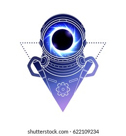 Graphic astronaut with black hole and starry vortex inside his helmet. Vector art in blue colors isolated on white background