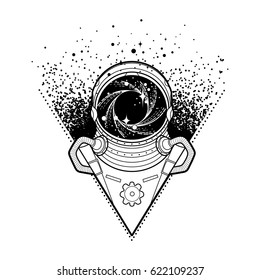 Graphic astronaut with black hole and starry vortex inside his helmet. Vector art isolated on white background. Vector design or coloring page for adults