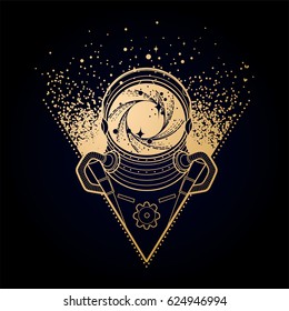 Graphic astronaut with black hole and starry vortex inside his helmet. Vector art in golden colors isolated on dark background