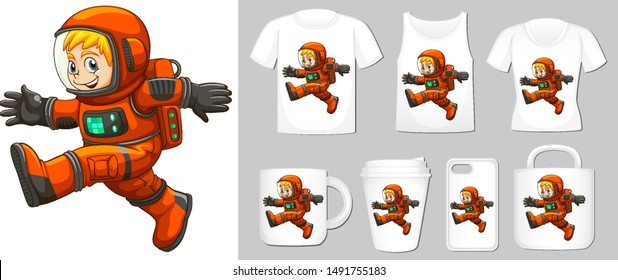 Graphic of astronaut on different product templates illustration