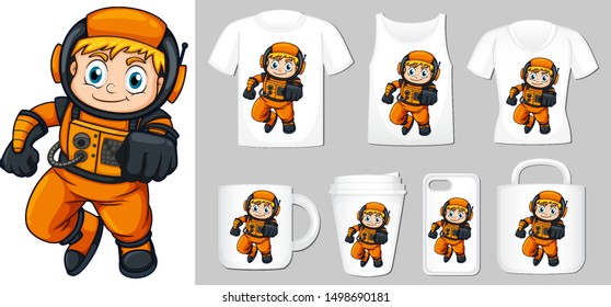 Graphic of astronaut on different types of product template illustration