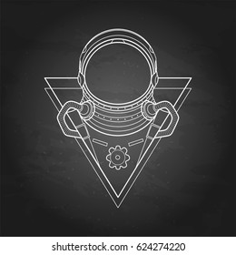 Graphic astronaut in the shape of triangle drawn in line art style. Vector art isolated on the chalkboard