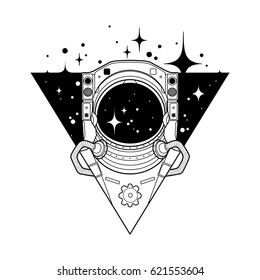 Graphic astronaut in the shape of triangle surrounded by stars. Vector art isolated on white background. Vector design or coloring page for adults