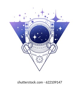 Graphic astronaut in the shape of triangle surrounded by stars. Vector art in blue colors isolated on white background