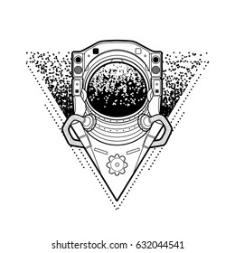 Graphic astronaut in the shape of triangle surrounded by starry dots. Vector art isolated on white background. Vector design or coloring page for adults
