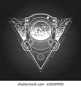 Graphic astronaut in the shape of triangle surrounded by starry dots. Vector art isolated on the chalkboard