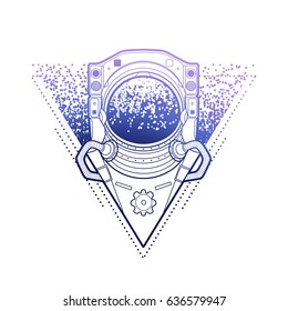 Graphic astronaut in the shape of triangle surrounded by starry dots. Vector art in blue colors isolated on white background