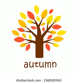 Graphic autumn tree with yellow, orange and red leaves. Symbol of autumn season. Logo or icon for ecological design.