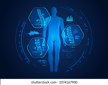 graphic of man’s back x-ray with digital science interface of spines and bones scan for orthopedic proposes