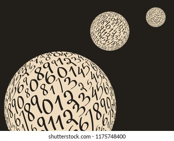 graphic background with floating numbers planets in ivory and black