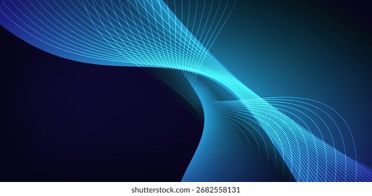 The graphic background has a dark blue-blue tone, creating dimension and movement with curves that give a sense of depth and flow. The curves are long, thick, thin, and overlapping like waves.