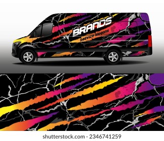 Graphic background for the livery of the van. Car sticker. Development of car design for the company. Black background with abstract bright stripes for a car vinyl sticker.