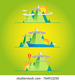 Graphic, background, nature, mountains and clouds, in the form of illustrations