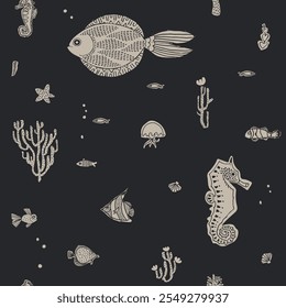 Graphic background of silhouette sea creatures. Marine seamless pattern.