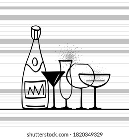 Graphic background with stylized bottle and wine glasses. Menu page. Template. Copy space. Vector image.