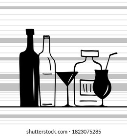 Graphic background with stylized bottle and wine glass. Menu page. Template. Copy space. Vector image.