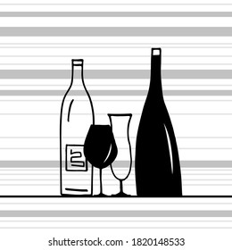 Graphic background with stylized bottles and wine glasses. Menu page. Template. Copy space. Vector image.