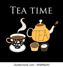 Graphic background with a teapot and cup of tea on a dark background