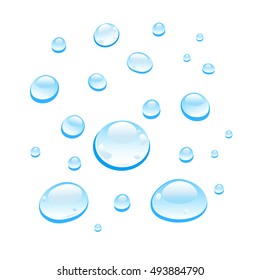 Graphic background with volumetric transparent blue drops on a white background