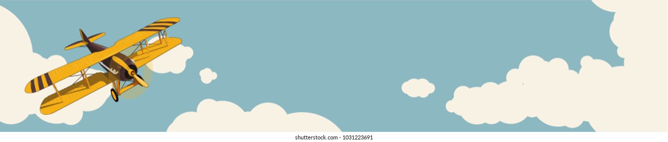 Graphic background. Yellow plane flying over sky with clouds, vintage color stylization. Old retro biplane design, poster printing. Vector low poly airplane illustration. Horizontal web banner layout.