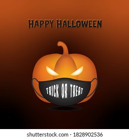 graphic background, yellow pumpkin jack-o-lantern wear black mask with text trick or treat, on red-orange graphics background