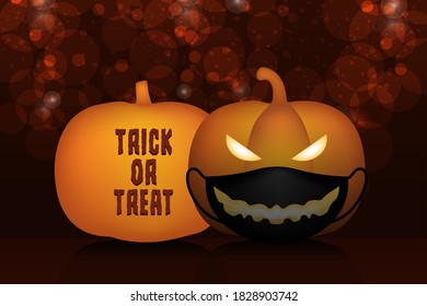 graphic background, yellow pumpkin jack-o-lantern wear black mask and crafted text trick or treat on red graphics background