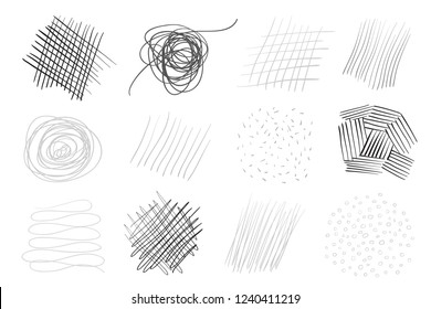 Graphic backgrounds with array of lines. Intricate chaotic textures. Wavy backdrops. Hand drawn tangled patterns. Black and white illustration. Elements for posters and flyers