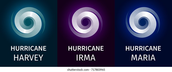 Graphic banner of hurricanes Harvey, Irma, Maria. Icon / sign / symbol of the hurricane, vortex, tornado
