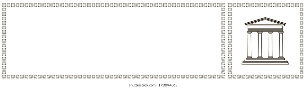 Graphic banner. Line geometric ornament. Ancient classic architecture building with columns on facade. Architecture and sights, cultural theme. Black line art. Landmark building landing page template.