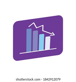 graphic bar chart with descending arrow over white background, flat style, vector illustration