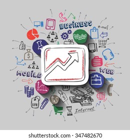 Graphic bar collage with icons background. Vector illustration