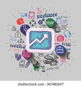 Graphic bar collage with icons background. Vector illustration
