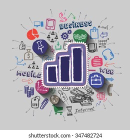 Graphic bar collage with icons background. Vector illustration