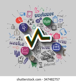 Graphic bar collage with icons background. Vector illustration