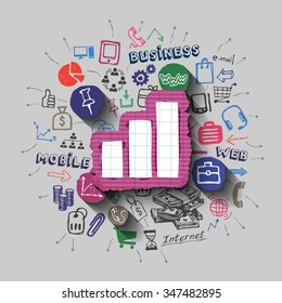 Graphic bar collage with icons background. Vector illustration