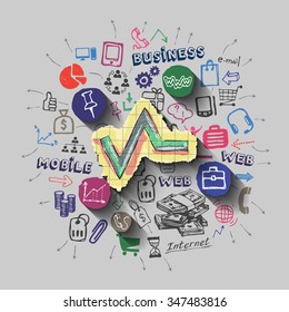 Graphic bar collage with icons background. Vector illustration