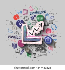 Graphic bar collage with icons background. Vector illustration