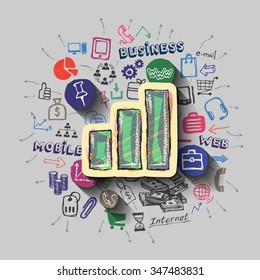 Graphic bar collage with icons background. Vector illustration