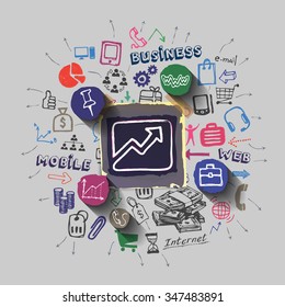 Graphic bar collage with icons background. Vector illustration